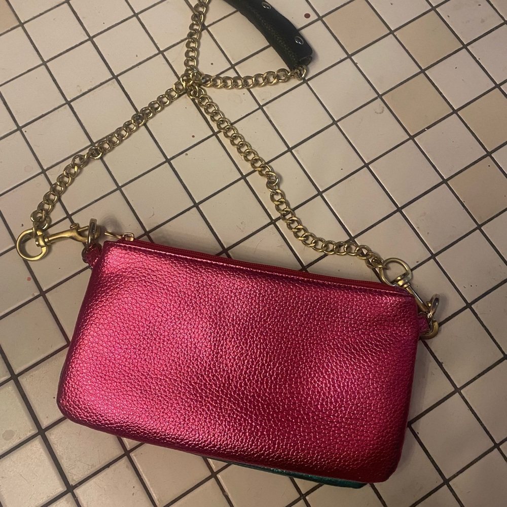 Metallic Pink, green & silver removable bag portion gold chain Strap Women's Bag
